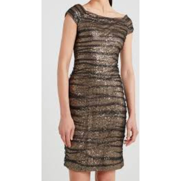 Ralph Lauren Evening Mesh Rushed Sequin Sheath Dress 6 Black Gold Party Cocktail - Picture 1 of 13